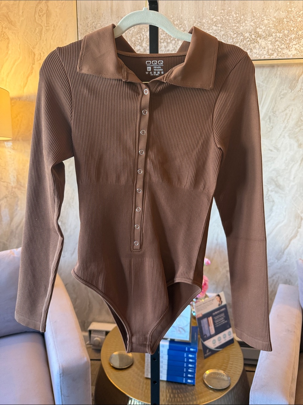 Ribbed Long-Sleeve Snap-Front Bodysuit Jumpsuit - Brown